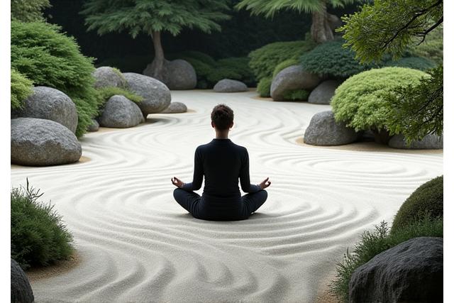 Personne méditant dans un jardin zen japonais